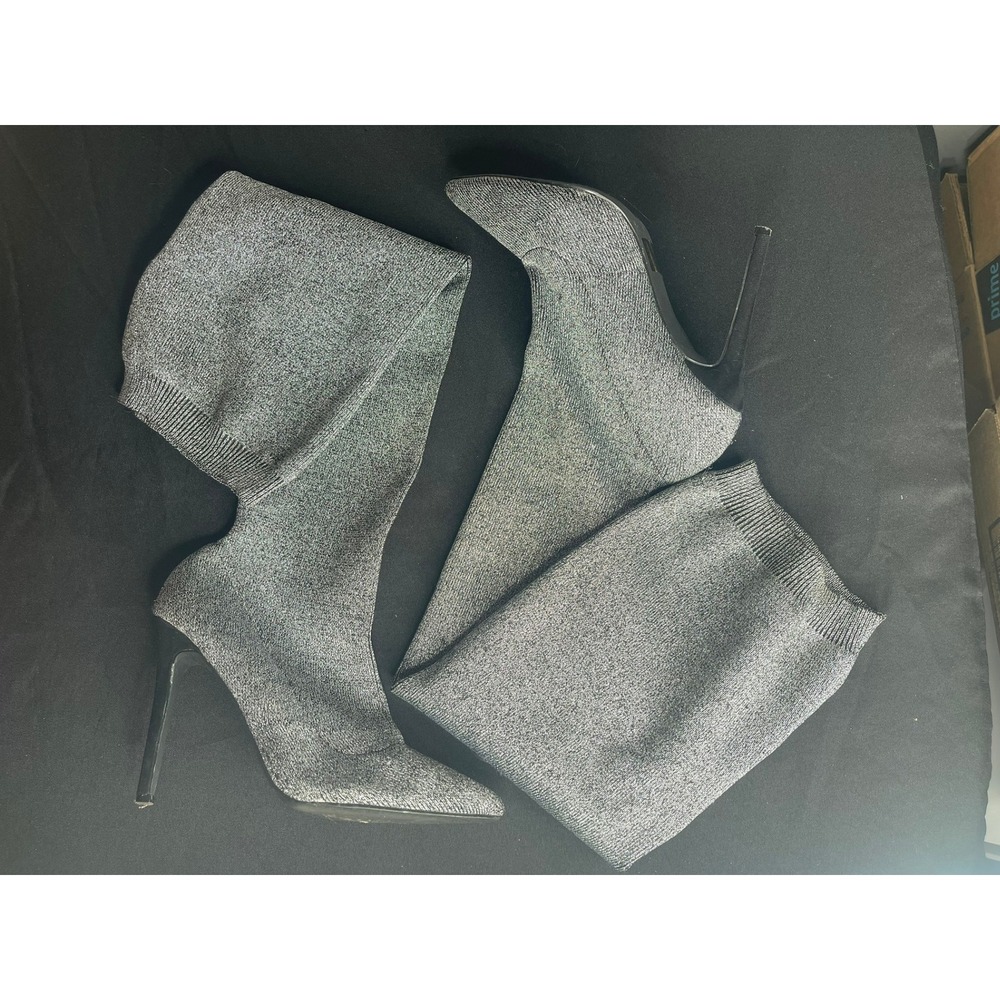 Veronique WC Silver Metallic Knit Over The Knee Thigh High Stiletto Boots 8.5 39